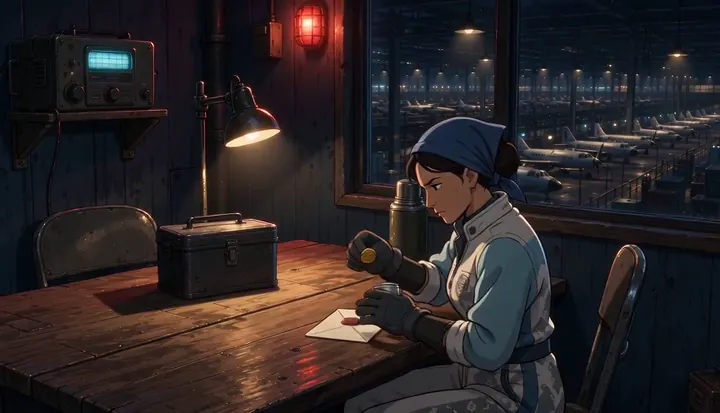 A worker pauses with a mug and a letter beside the factory window. Sample 2 · frame 0155.