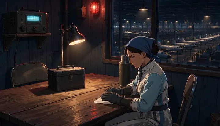 A worker pauses with a mug and a letter beside the factory window. Sample 3 · frame 0192.