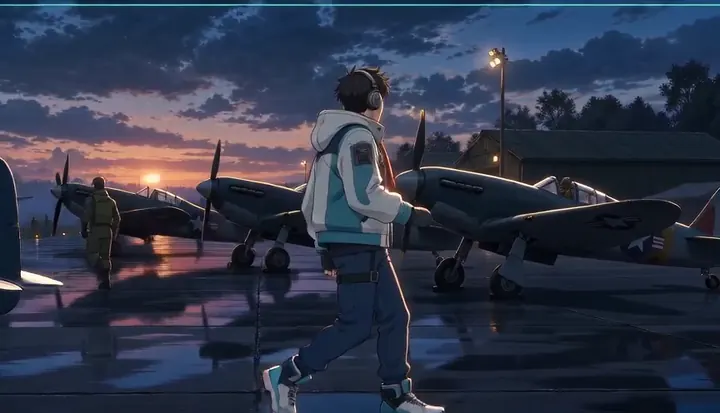 A crew member walks toward parked fighters at sunrise. Sample 2 · frame 0088.