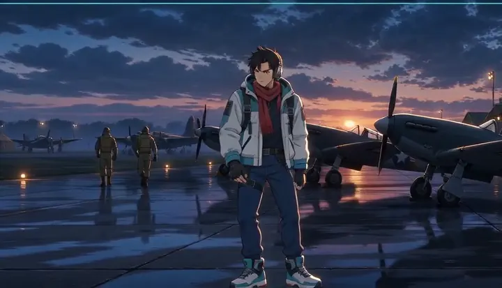 A crew member walks toward parked fighters at sunrise. Sample 3 · frame 0148.