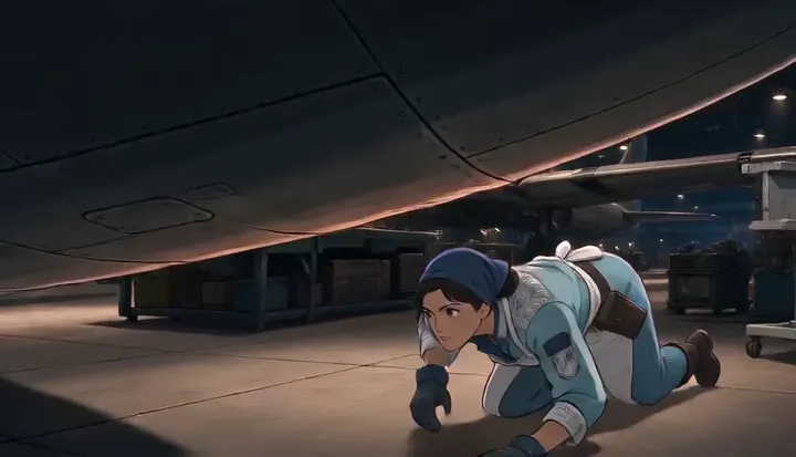 A worker reaches beneath an aircraft on the hangar floor. Sample 1 · frame 0036.
