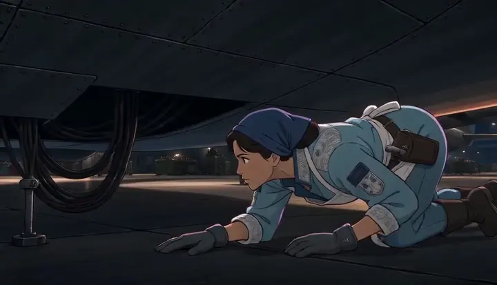 A worker reaches beneath an aircraft on the hangar floor. Sample 2 · frame 0084.