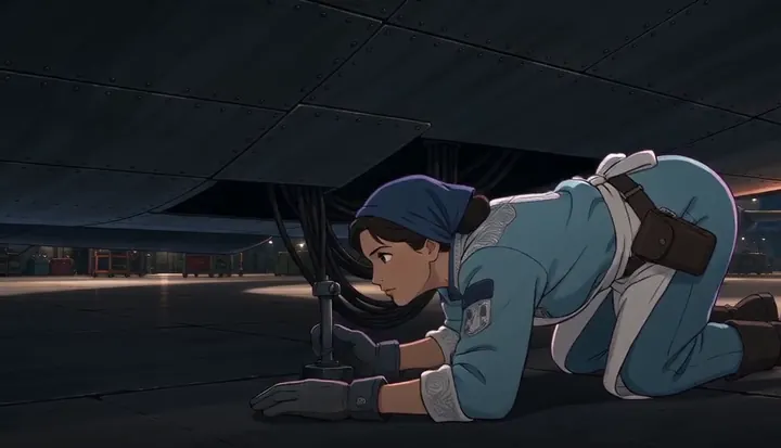 A worker reaches beneath an aircraft on the hangar floor. Sample 3 · frame 0216.