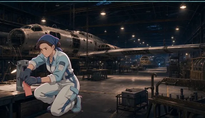 A worker sits on a crate beside tools and an unfinished bomber. Sample 1 · frame 0029.