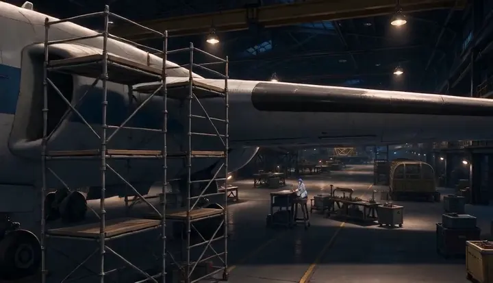 A worker sits on a crate beside tools and an unfinished bomber. Sample 3 · frame 0188.