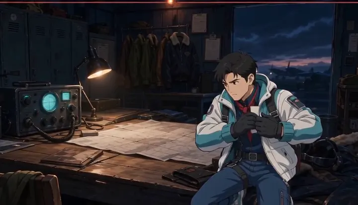 A crew member leans over a worktable covered with maps and equipment. Sample 1 · frame 0103.