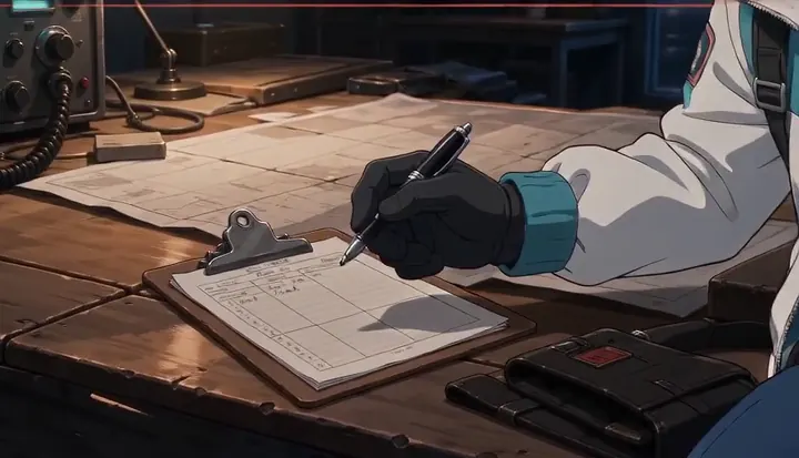 A crew member leans over a worktable covered with maps and equipment. Sample 3 · frame 0176.