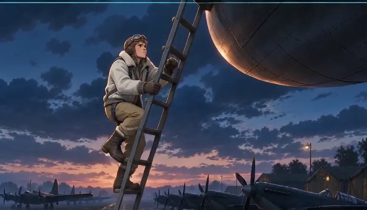 A crew member climbs a ladder into a bomber. Sample 2 · frame 0096.