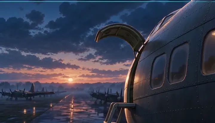 A crew member climbs a ladder into a bomber. Sample 3 · frame 0216.