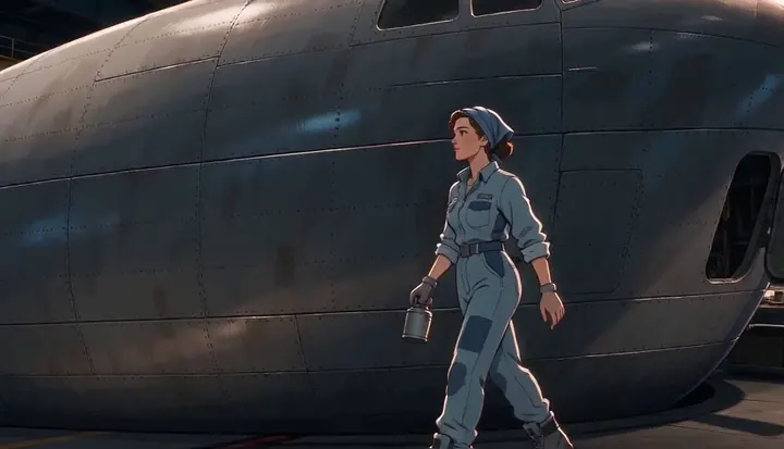 A worker looks up at the broad side of a bomber fuselage. Sample 2 · frame 0164.