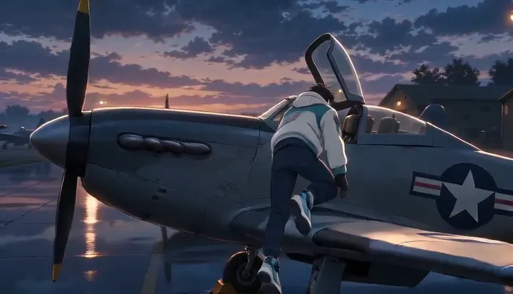 A pilot lifts a hand from an open fighter cockpit at sunrise. Sample 1 · frame 0060.