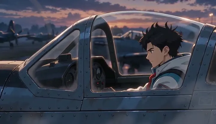 A pilot lifts a hand from an open fighter cockpit at sunrise. Sample 3 · frame 0216.