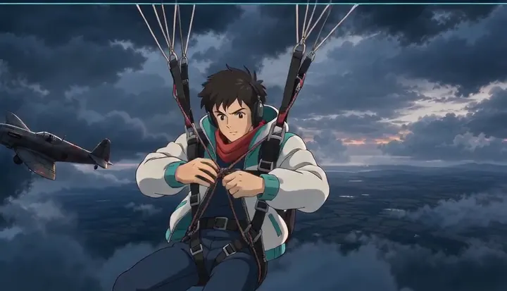 A parachutist pulls down on the suspension straps. Sample 1 · frame 0044.