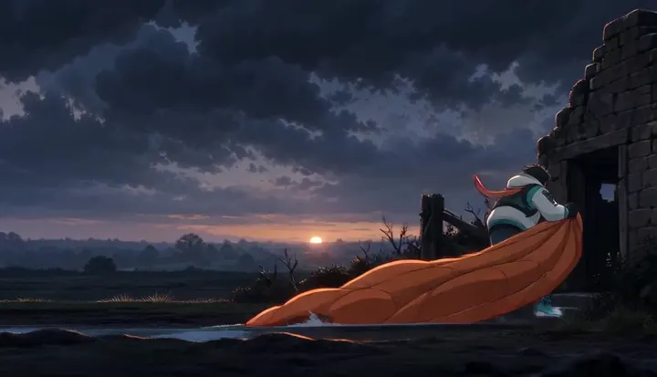 A parachutist gathers an orange canopy at dusk. Sample 3 · frame 0196.