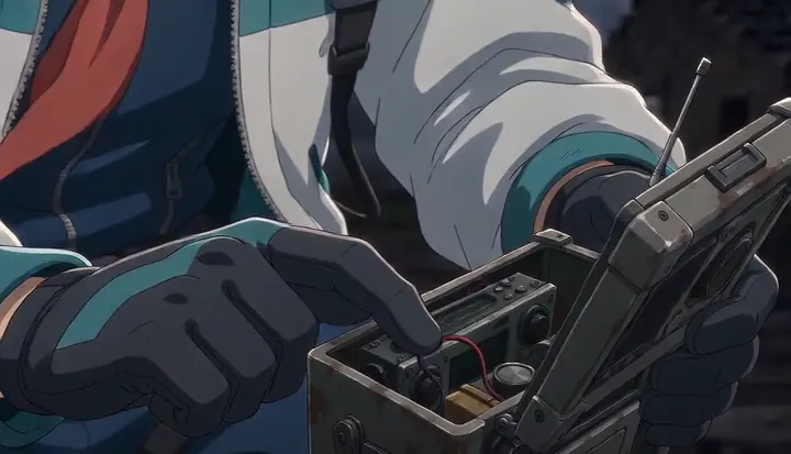 Gloved hands work a compact field radio. Sample 2 · frame 0104.