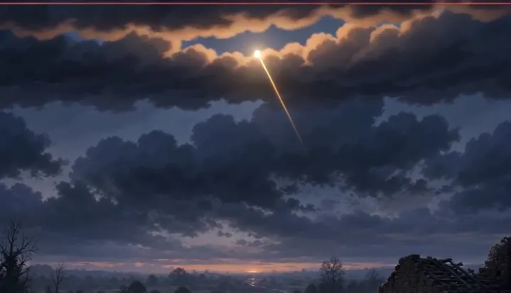 A bright flare falls through storm clouds. Sample 2 · frame 0092.