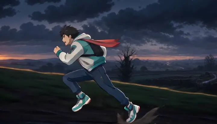 A runner climbs a grassy slope at dusk. Sample 1 · frame 0040.