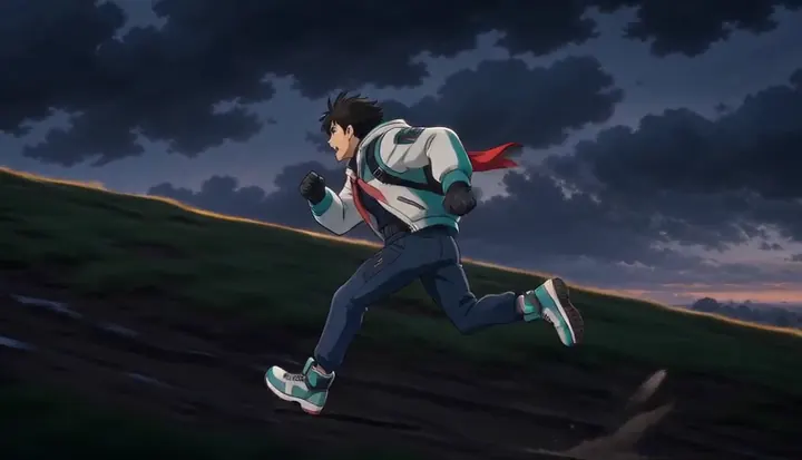 A runner climbs a grassy slope at dusk. Sample 2 · frame 0084.