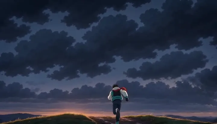 A runner climbs a grassy slope at dusk. Sample 3 · frame 0168.