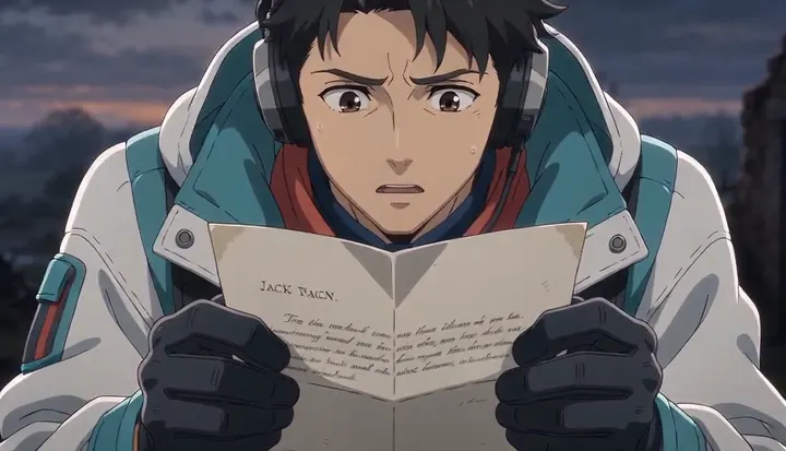 A crew member reads a handwritten letter outdoors. Sample 2 · frame 0104.