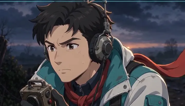 A headset-wearing crew member watches the horizon. Sample 2 · frame 0164.