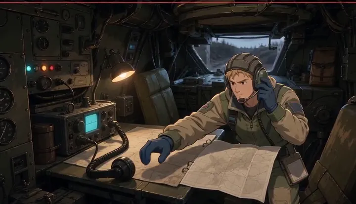 A radio operator studies a map inside an armored vehicle. Sample 1 · frame 0043.