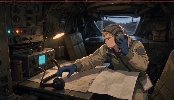 A radio operator studies a map inside an armored vehicle. Sample 2 · frame 0132.