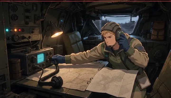A radio operator studies a map inside an armored vehicle. Sample 3 · frame 0172.