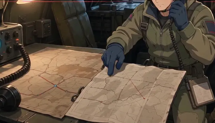 A gloved hand draws intersecting routes on a map. Sample 1 · frame 0040.