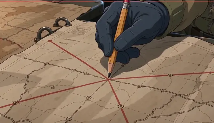 A gloved hand draws intersecting routes on a map. Sample 2 · frame 0111.