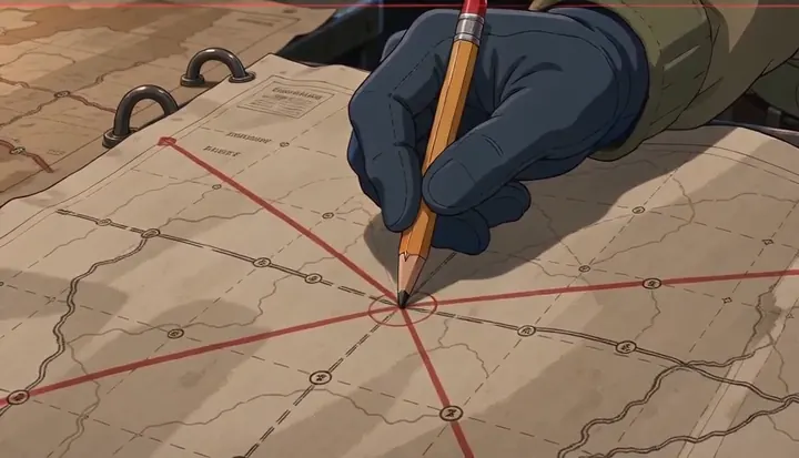 A gloved hand draws intersecting routes on a map. Sample 3 · frame 0152.