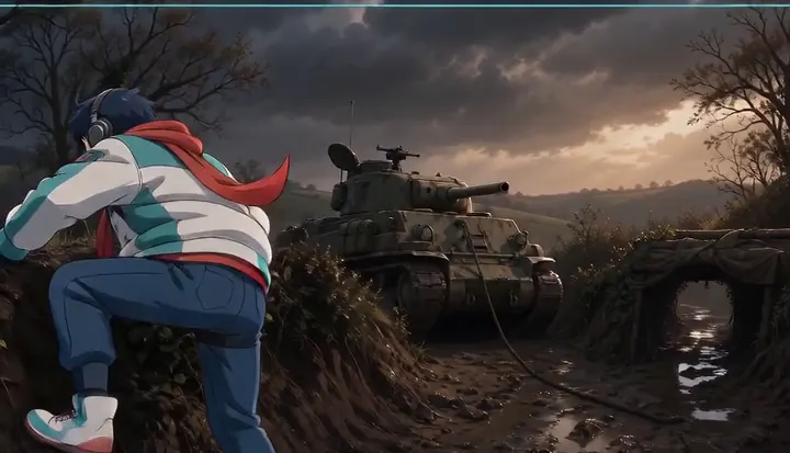 A runner crouches as a tank approaches along a muddy road. Sample 1 · frame 0044.
