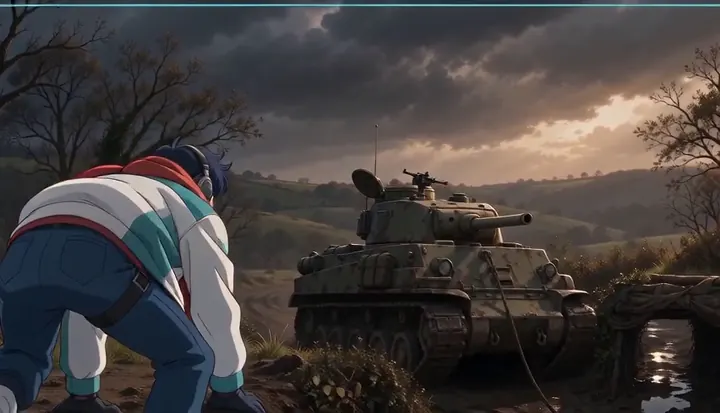 A runner crouches as a tank approaches along a muddy road. Sample 2 · frame 0082.