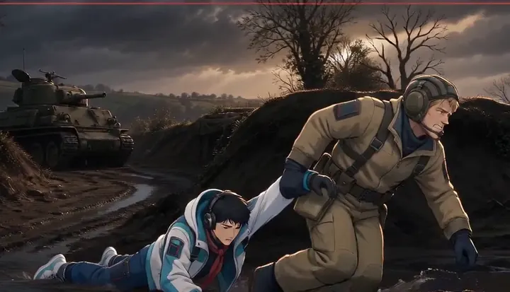 A helmeted soldier pulls an injured crew member beside a tank. Sample 1 · frame 0048.