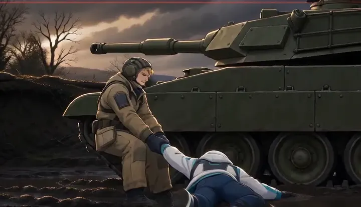 A helmeted soldier pulls an injured crew member beside a tank. Sample 2 · frame 0084.
