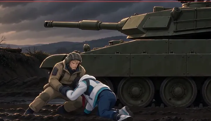 A helmeted soldier pulls an injured crew member beside a tank. Sample 3 · frame 0192.