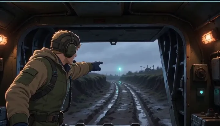 A helmeted radio operator points through the front of an armored vehicle. Sample 3 · frame 0206.