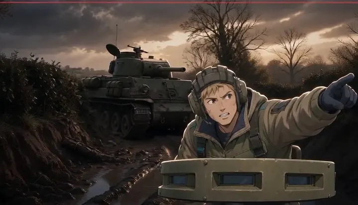 A soldier works behind cover while a tank waits on the road. Sample 1 · frame 0044.