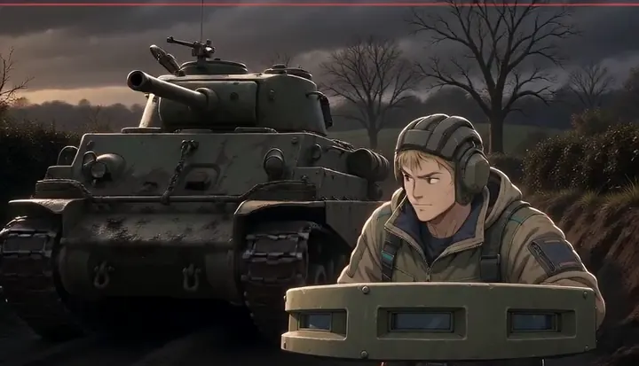 A soldier works behind cover while a tank waits on the road. Sample 3 · frame 0164.