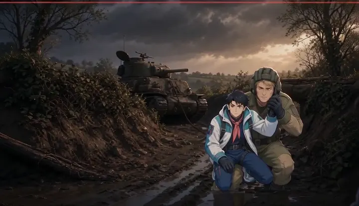 A runner carries an injured soldier along the road. Sample 1 · frame 0031.