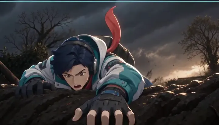 A crew member claws up from the edge of a trench. Sample 2 · frame 0088.