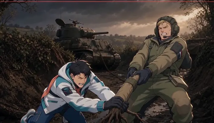 A soldier pulls a fallen crew member away from the tank. Sample 1 · frame 0099.