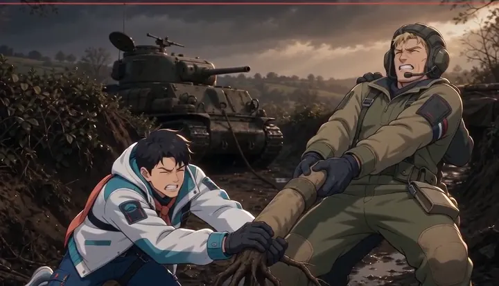 A soldier pulls a fallen crew member away from the tank. Sample 2 · frame 0150.