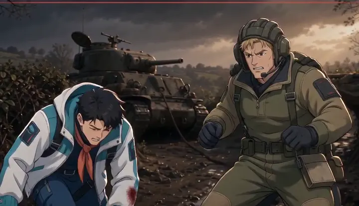 A soldier pulls a fallen crew member away from the tank. Sample 3 · frame 0188.