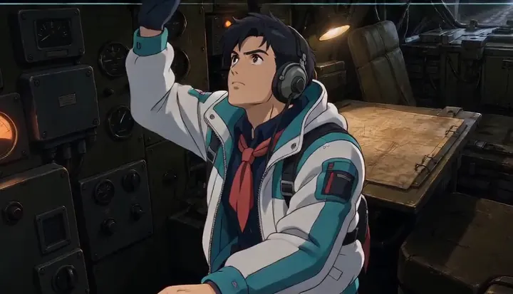 A headset-wearing crew member peers into the open armored vehicle. Sample 1 · frame 0056.