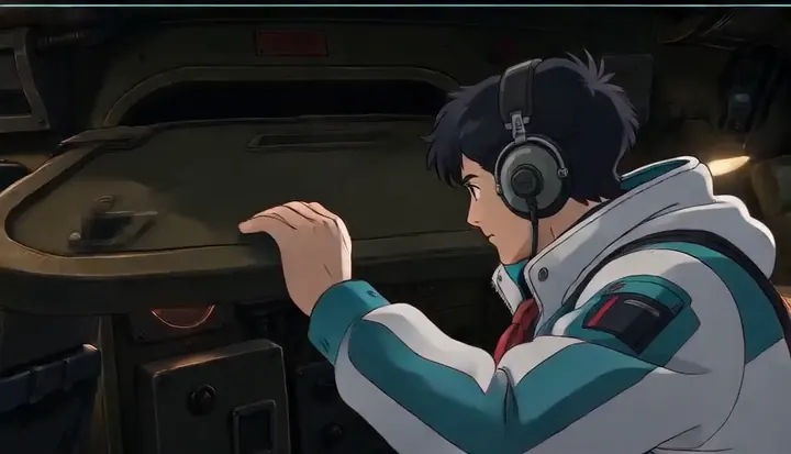 A headset-wearing crew member peers into the open armored vehicle. Sample 2 · frame 0092.