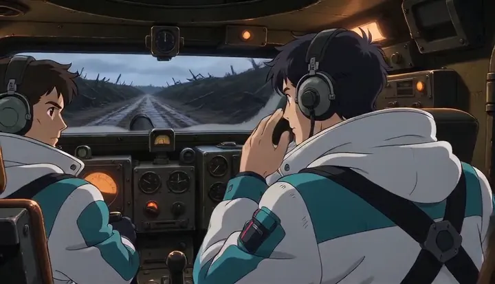 A headset-wearing crew member peers into the open armored vehicle. Sample 3 · frame 0156.