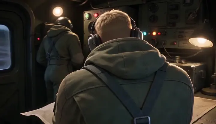 Two crew members stand at the controls inside the vehicle. Sample 2 · frame 0136.
