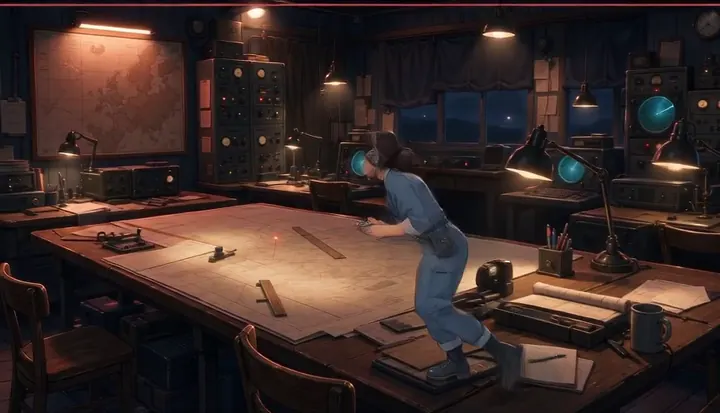 A crew member waits across a map table inside the command room. Sample 1 · frame 0057.