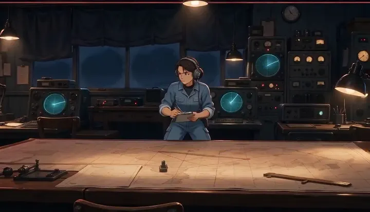 A crew member waits across a map table inside the command room. Sample 2 · frame 0104.
